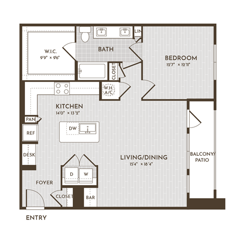 Floor plan for 1 bed, 1 bath, 949 sqft